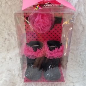 Black and hot pink sequin baby boots/headband set